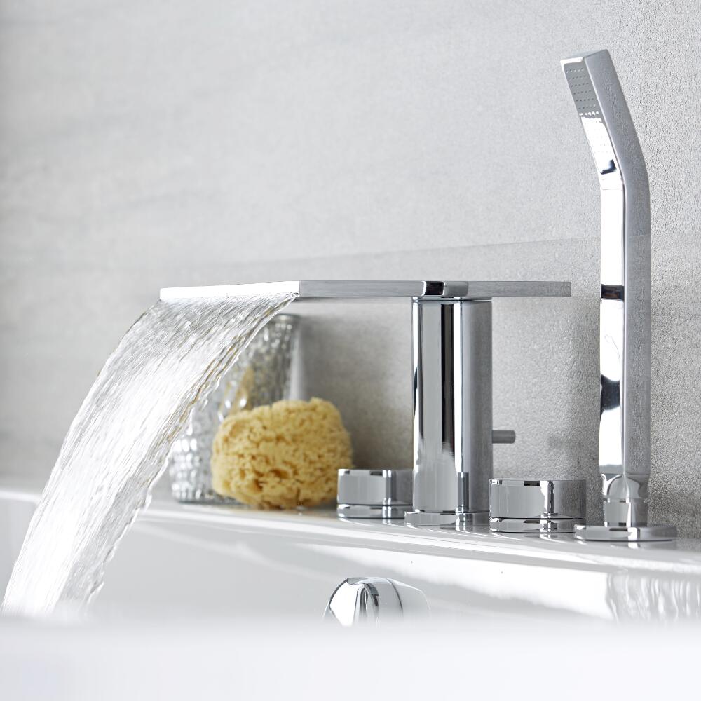 Batteria Bordo Vasca a 4 Fori con Rubinetto a Cascata e Doccetta - Blade