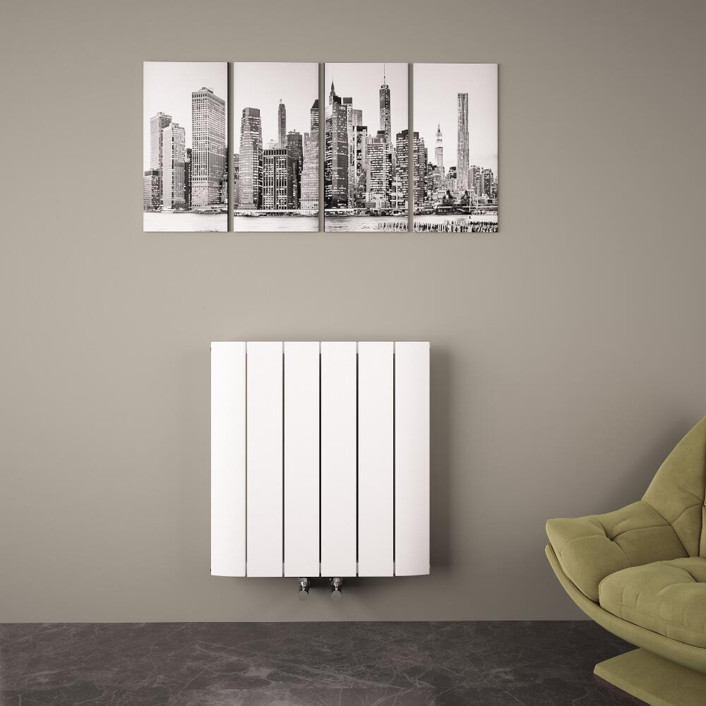 Radiatore di Design Orizzontale con Attacco Centrale - Alluminio - Bianco - 600mm x 565mm x 46mm - 768 Watt - Aurora