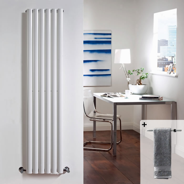 Radiatore di Design Verticale - Bianco - 1600mm x 354mm x 105mm - 841 Watt - Con Portasalviette - Revive