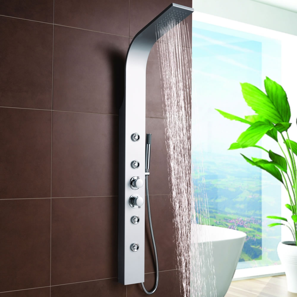 Pannello Doccia Alluminio Multifunzione Colore Argento Completo con Miscelatore Termostatico - Peyton