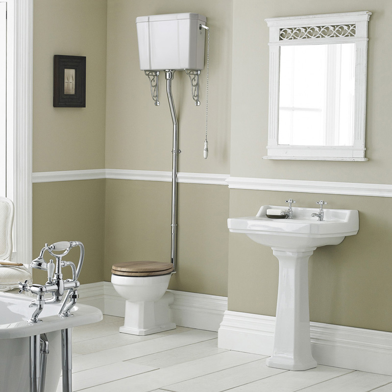 Set Bagno Completo di Lavabo e Sanitario Retro con Cassetta Alta e Scelta di Sedili Copri WC - Ceramica Bianca