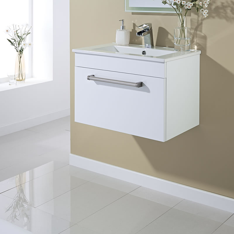 Mobile Bagno Sospeso Colore Bianco Laccato 605mm x 409mm con Lavabo Integrato e 1 Cassetto
