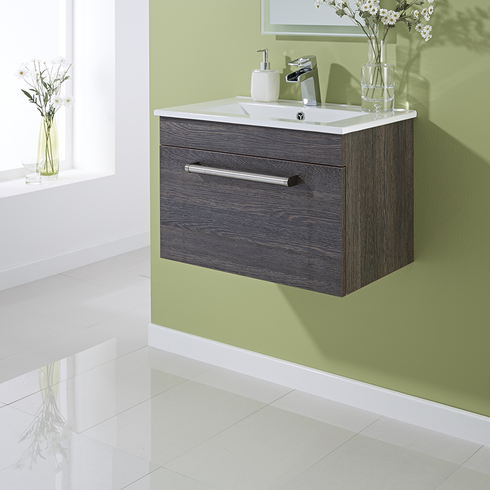 Mobile Bagno Sospeso Colore Marrone Nero 605mm x 409mm con Lavabo Integrato e 1 Cassetto