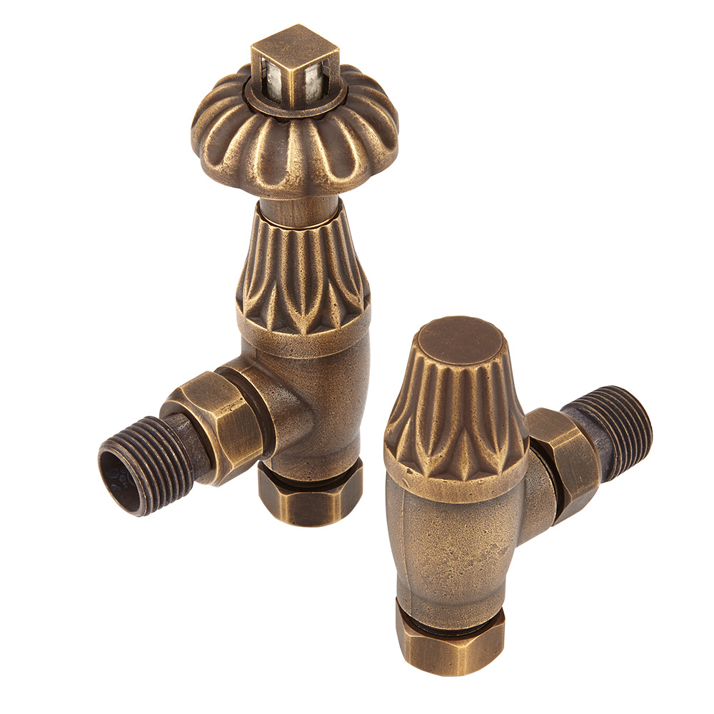 Paio di Valvole Tradizionali Termostatiche a Squadra per Radiatore e Scaldasalviette Ottone Anticato per Tubi in Rame 15mm