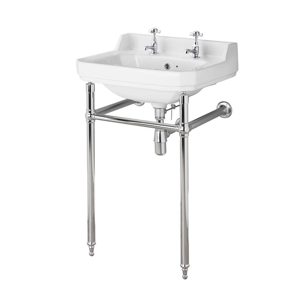 Consolle con Lavabo in Ceramica Bianca e Struttura Tradizionale in Ottone Cromato 560mm - Old London