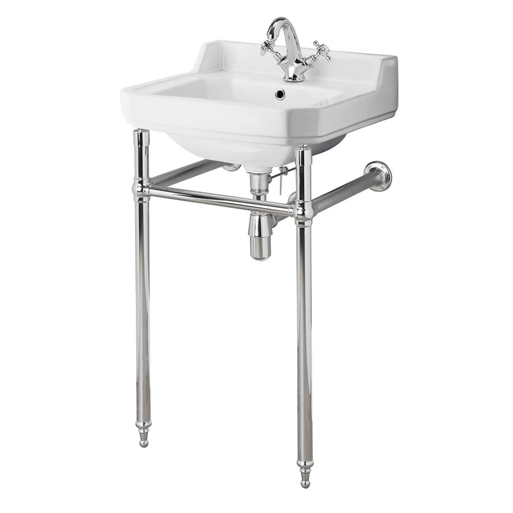 Consolle con Lavabo in Ceramica Bianca e Struttura Tradizionale in Ottone Cromato 560x885mm - Old London