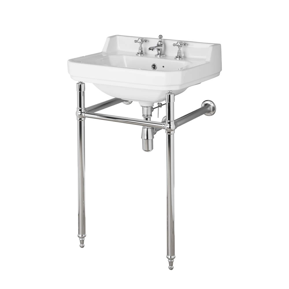 Consolle con Lavabo in Ceramica Bianca a 3 Fori e Struttura Tradizionale in Ottone Cromato 560mm - Old London