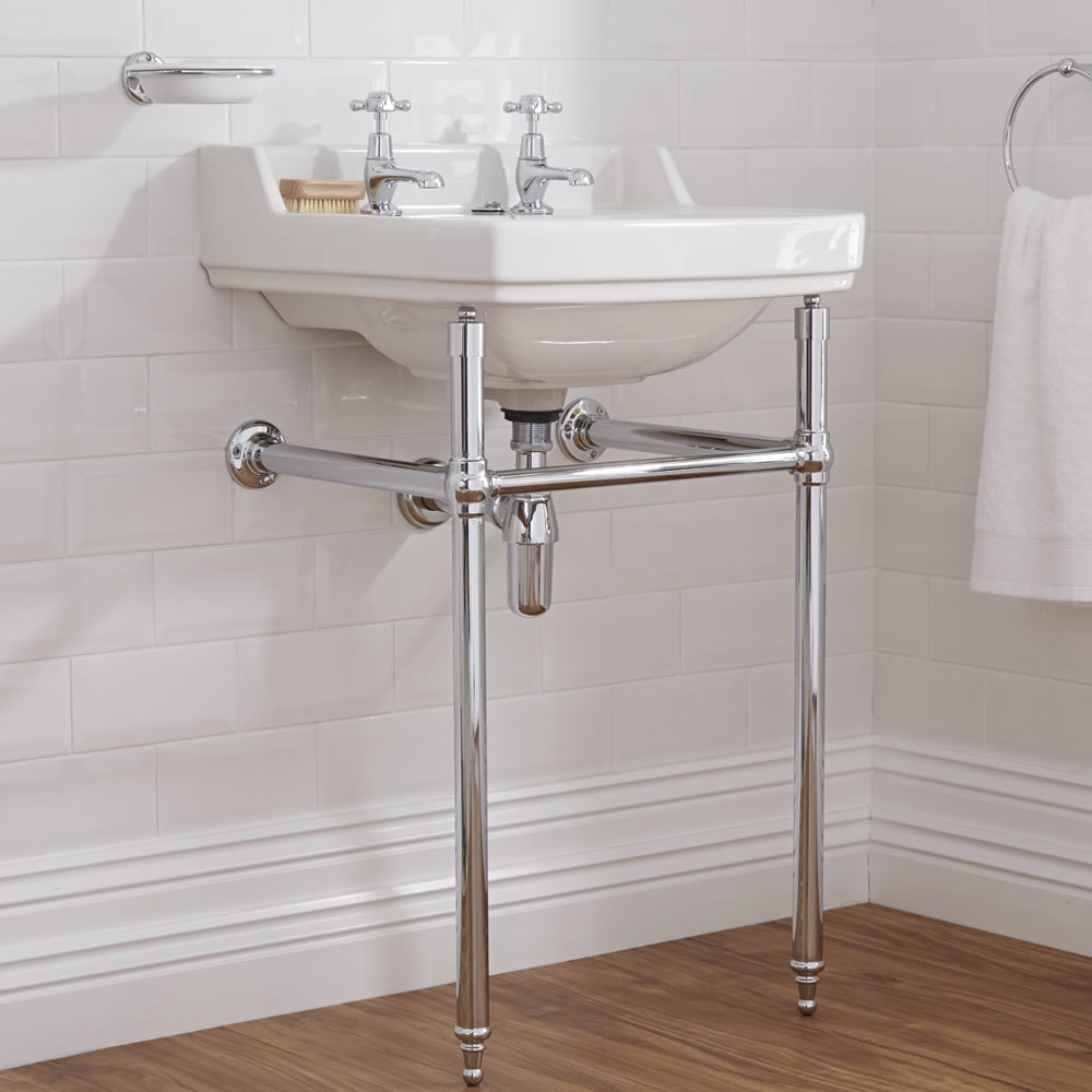Consolle con Lavabo in Ceramica Bianca e Struttura Tradizionale in Ottone Cromato 500mm con 2 Fori - Old London