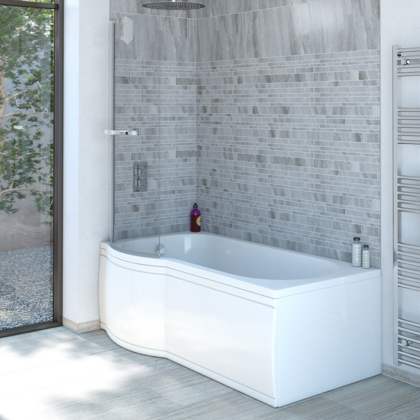 Vasca da Bagno Asimmetrica Angolare Sinistra in Acrilico 85x167,5cm Completa di Pannello Vasca Frontale e Pannello Vasca Laterale