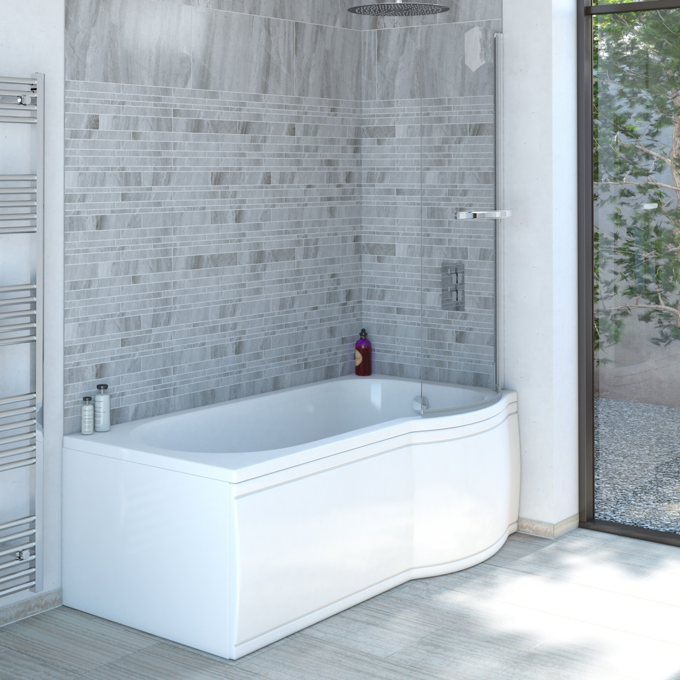 Vasca da Bagno Asimmetrica Angolare Destra Acrilica 85x167,5cm Completa di Pannello Vasca Frontale e Pannello Vasca Laterale