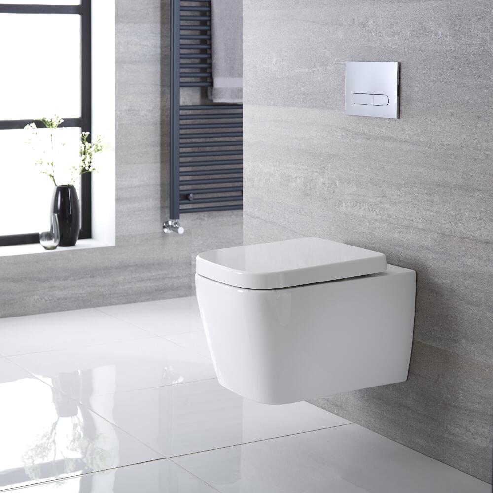 Sanitario Bagno WC Quadrato Sospeso 545x350x500mm con Sedile Copri Wc Soft Close - Milton