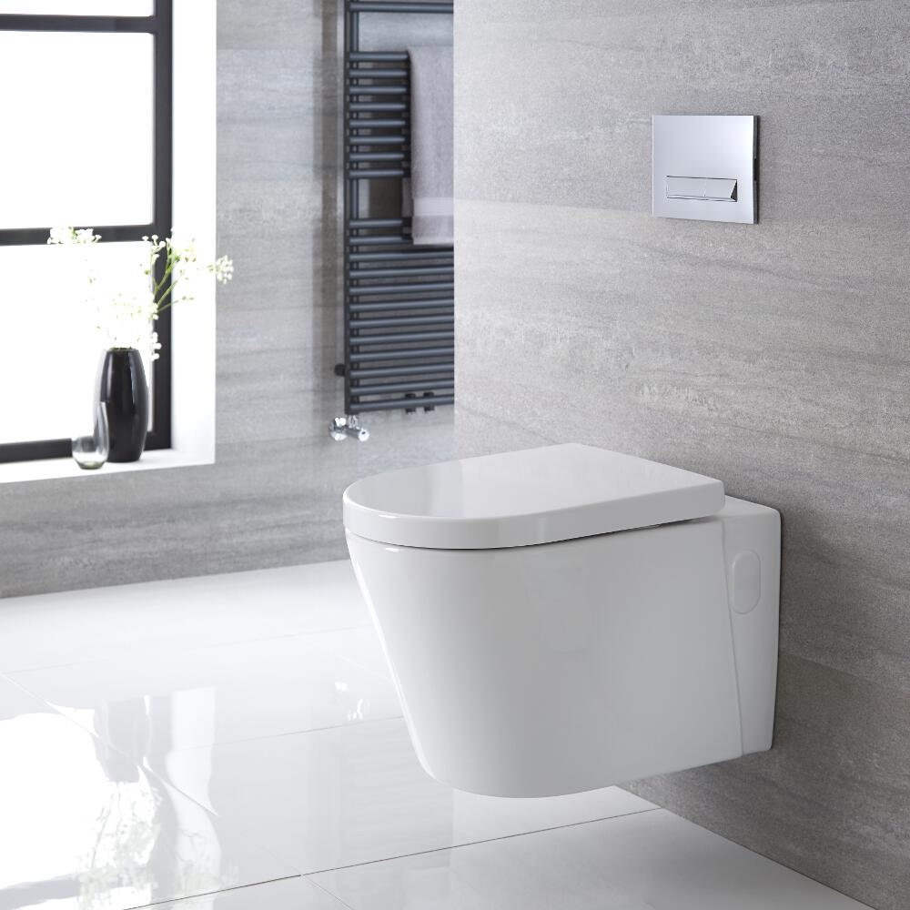 Sanitario Bagno WC Ovale Sospeso 365x350x565mm con Sedile Copri WC Soft Close - Exton
