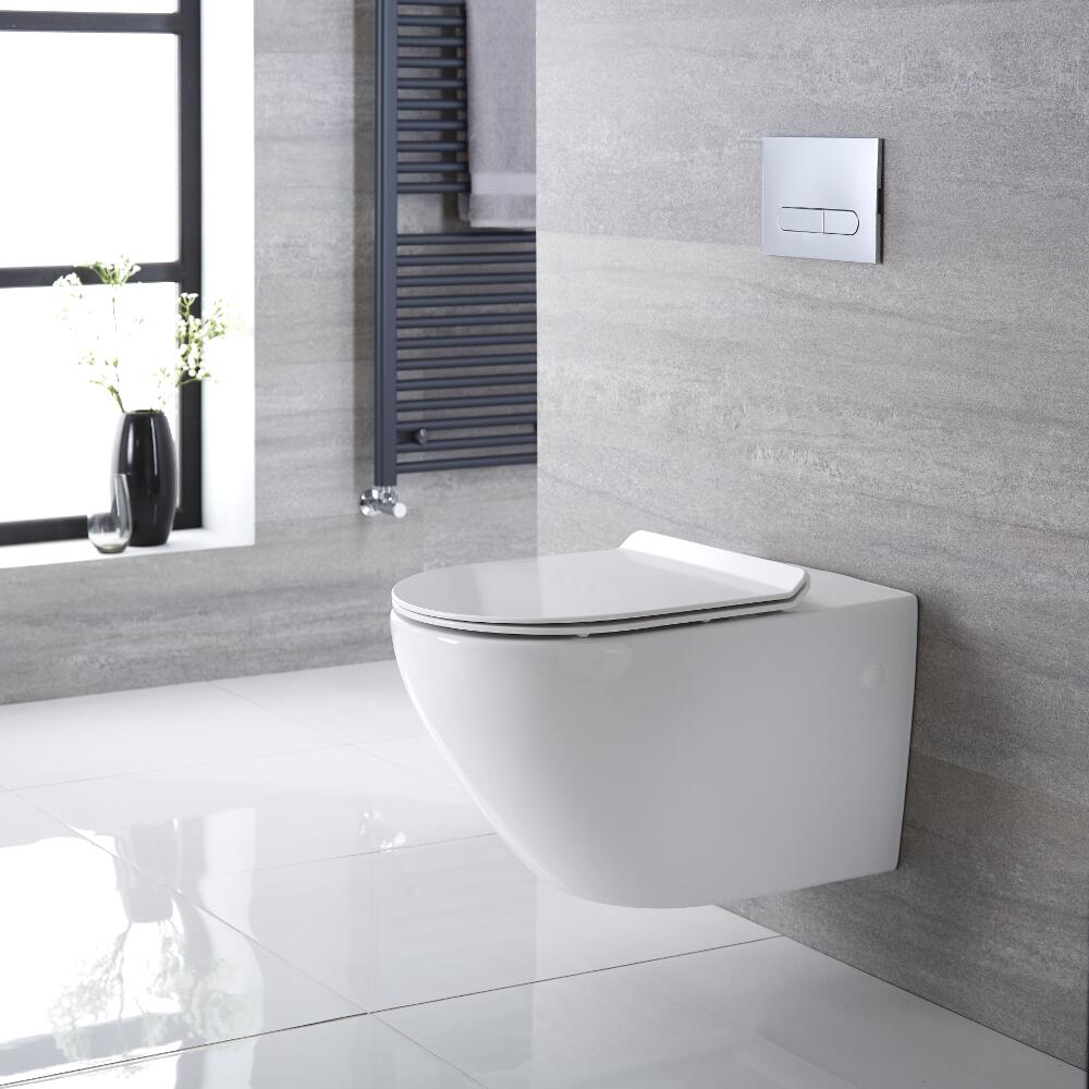 Sanitario Bagno WC Ovale Sospeso 340x360x585mm con Sedile Copri WC Soft Close - Otterton