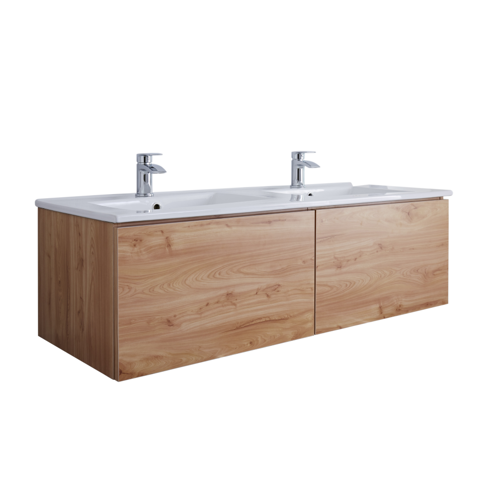 Mobile Bagno Murale 1200mm con 2 Lavabi Integrati Colore Rovere Dorato - Newington