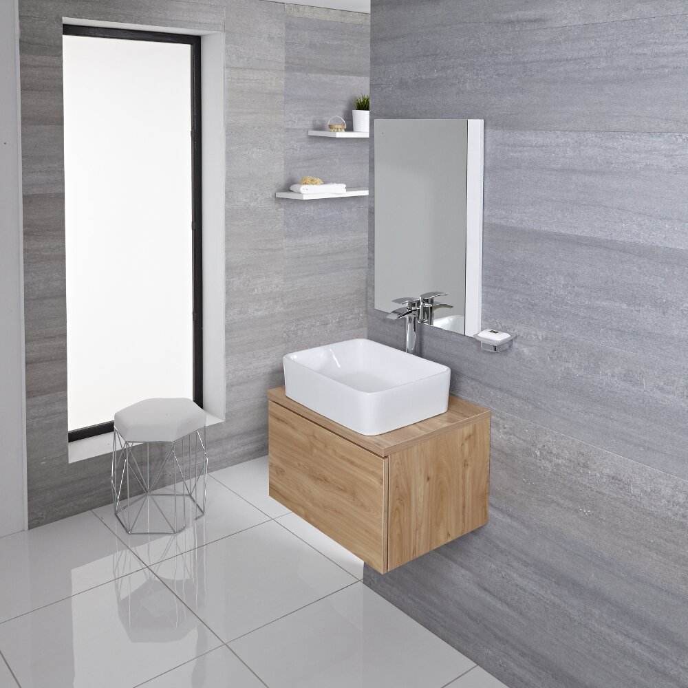 Mobile Bagno 600mm Colore Rovere Dorato con Lavabo da Appoggio Disponibile con Opzione LED - Newington