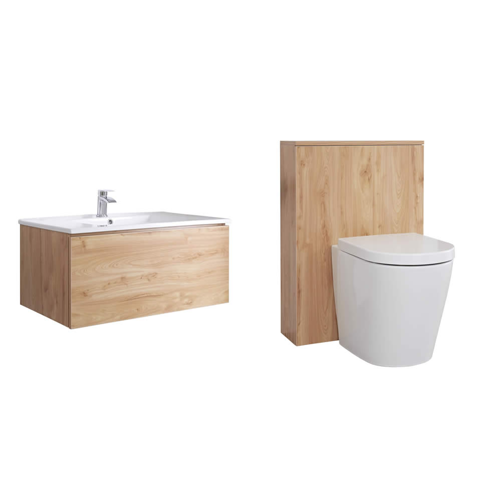 Mobile WC 800mm Colore Rovere Dorato per Stanza da Bagno Completo di Sanitario Sospeso, Cassetta e Lavabo - Newington