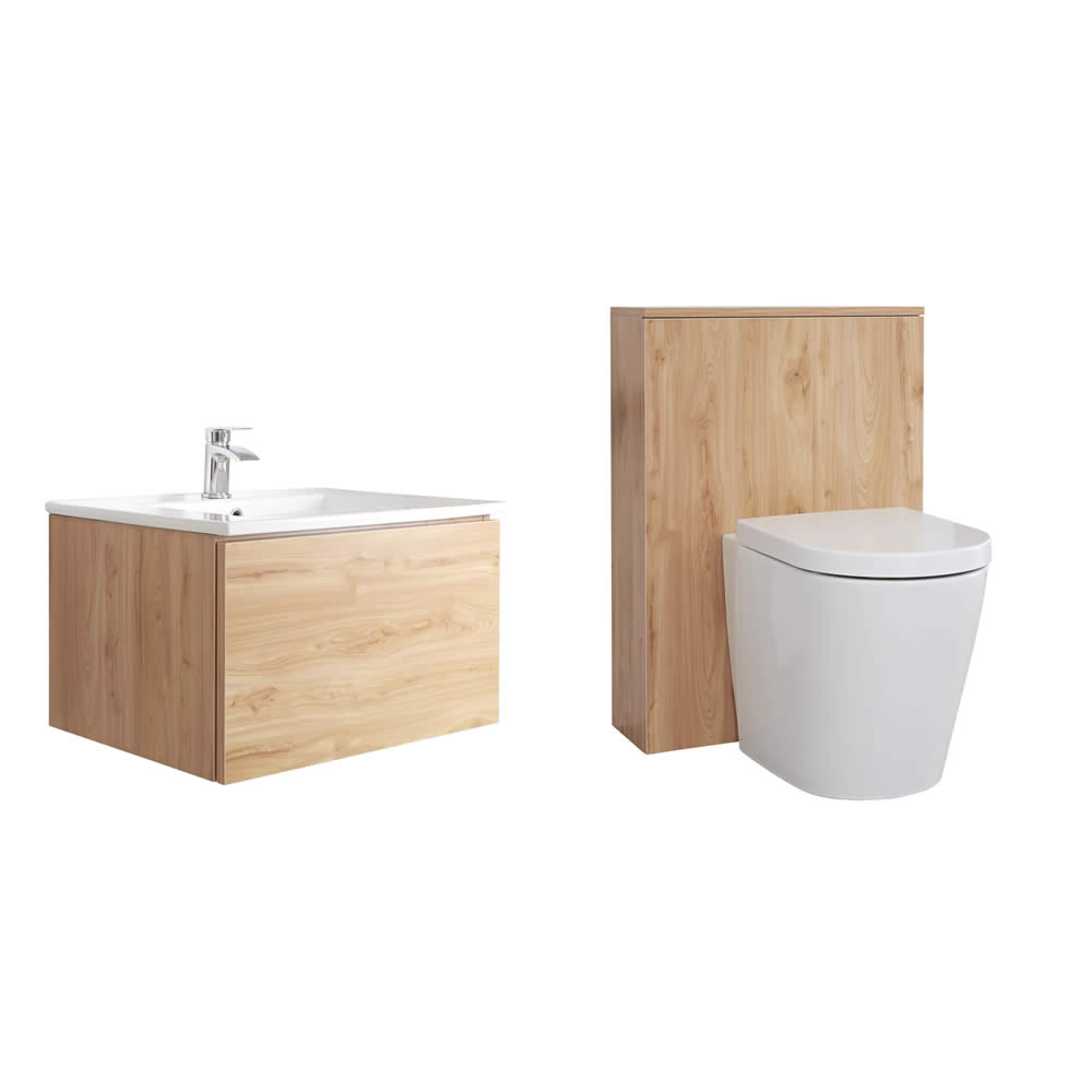 Mobile Bagno Colore Bianco Opaco 600mm Completo di Sanitario, Lavabo, Cassetta, Colonna Bagno Murale e Specchio Disponibile con Opzione LED - Newington