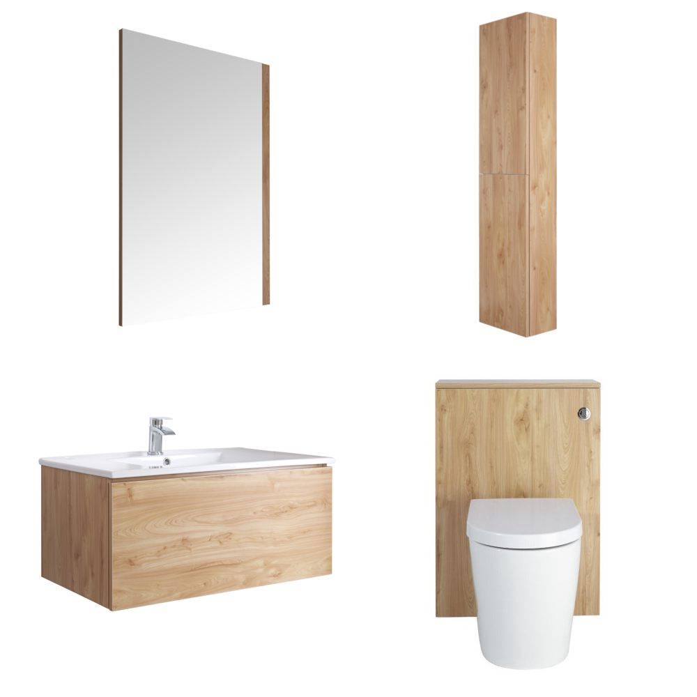 Mobile Bagno 800mm Colore Rovere Dorato Completo di Cassetta , Sanitario, Lavabo, Colonna Bagno Murale e Specchio Disponibile con Opzione LED - Newington