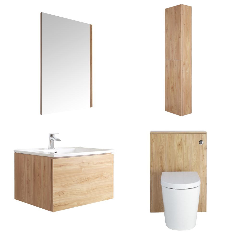 Mobile Bagno 600mm Colore Rovere Dorato Completo di Cassetta , Sanitario, Lavabo, Colonna Bagno Murale e Specchio Disponibile con Opzione LED - Newington
- Golden Oak