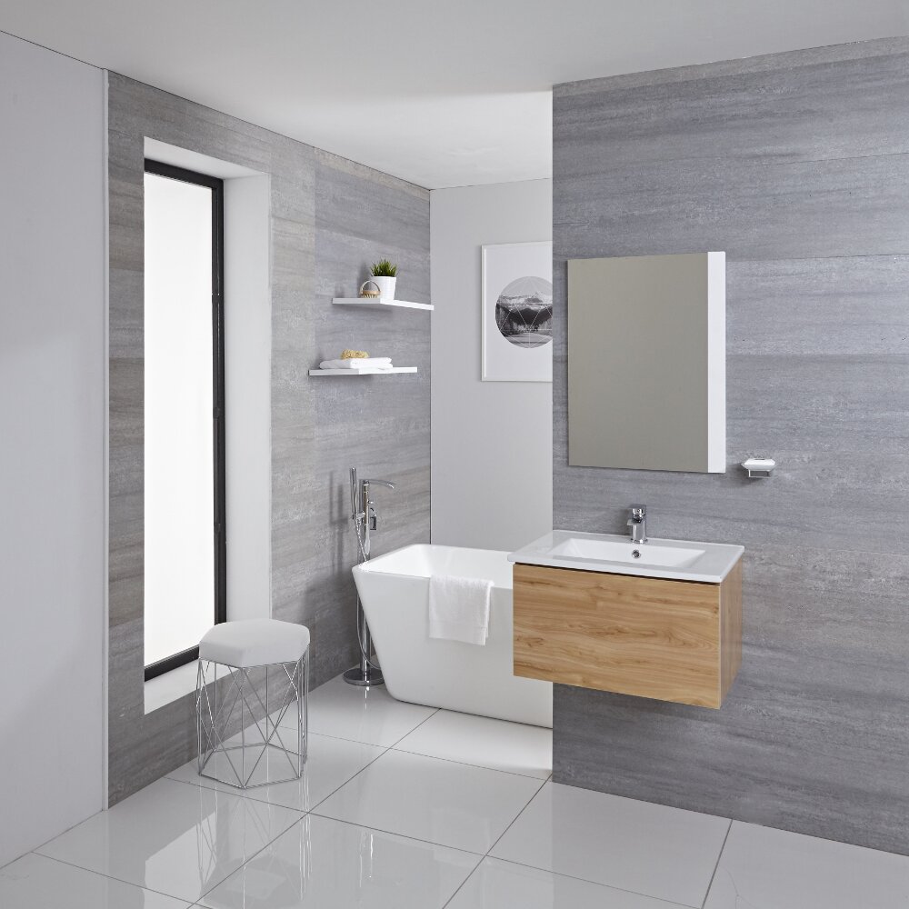Mobile Bagno Murale 600mm con Lavabo Integrato Colore Rovere Dorato Disponibile con Opzione LED - Newington