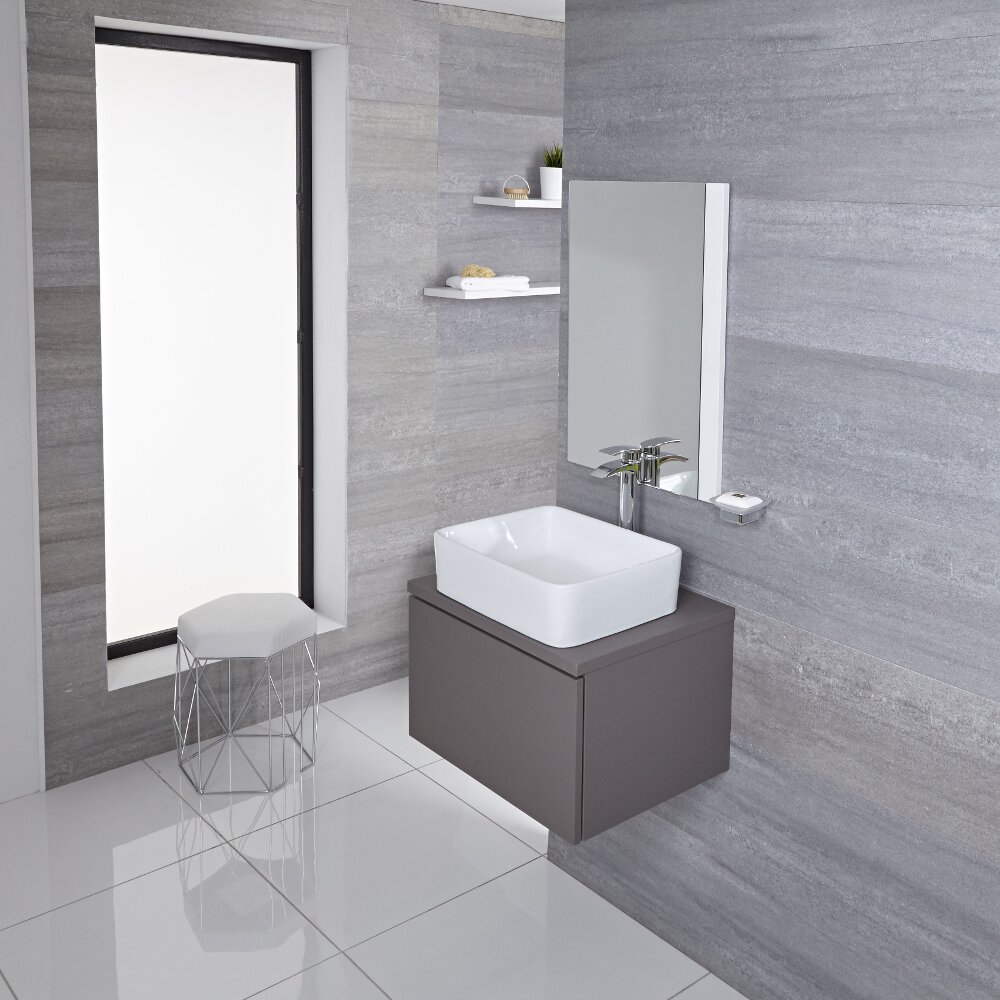 Mobile Bagno 600mm Colore Grigio Opaco con Lavabo da Appoggio Disponibile con Opzione LED - Newington