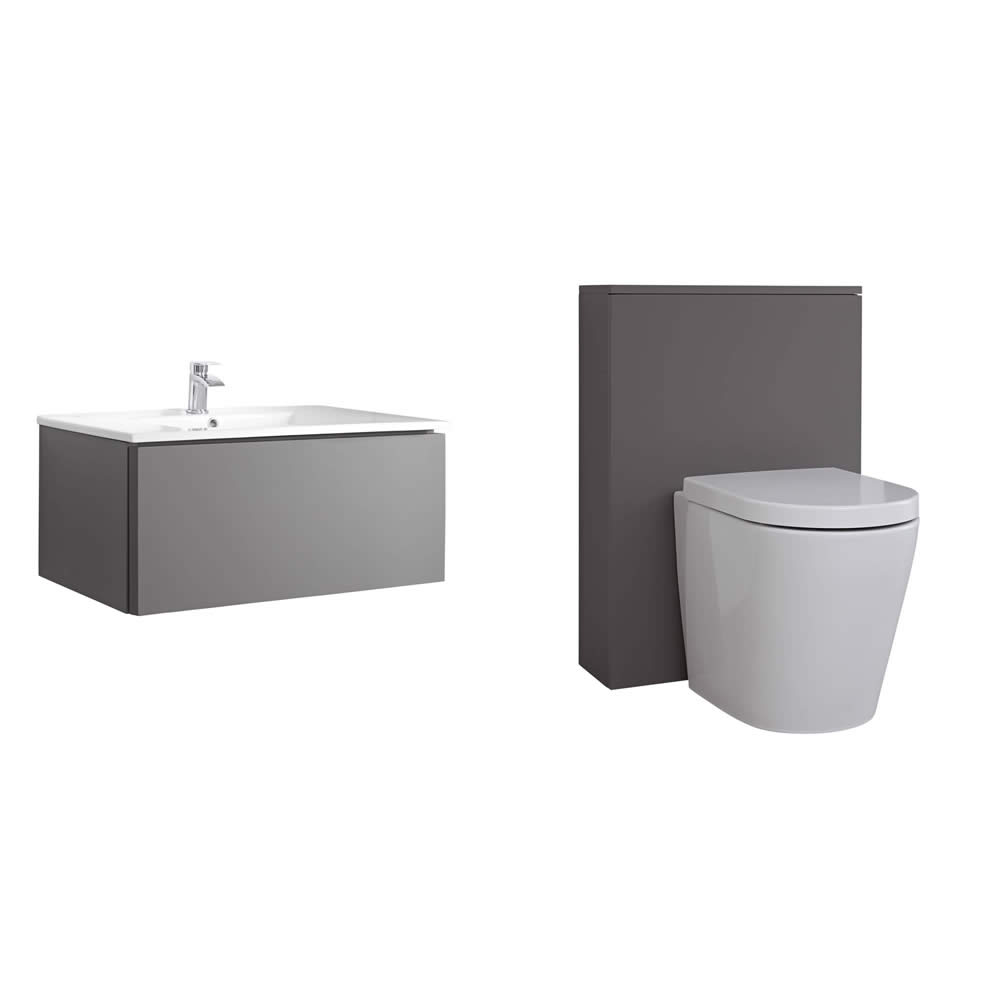 Mobile WC 800mm Colore Grigio Opaco per Stanza da Bagno Completo di Sanitario Sospeso, Cassetta e Lavabo - Newington