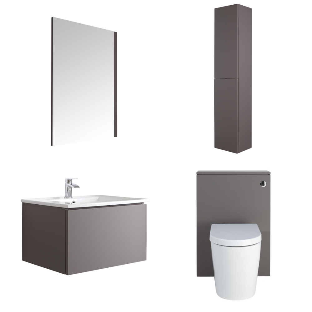 Mobile Bagno 600mm Colore Grigio Opaco Completo di Cassetta , Sanitario, Lavabo, Colonna Bagno Murale e Specchio Disponibile con Opzione LED - Newington