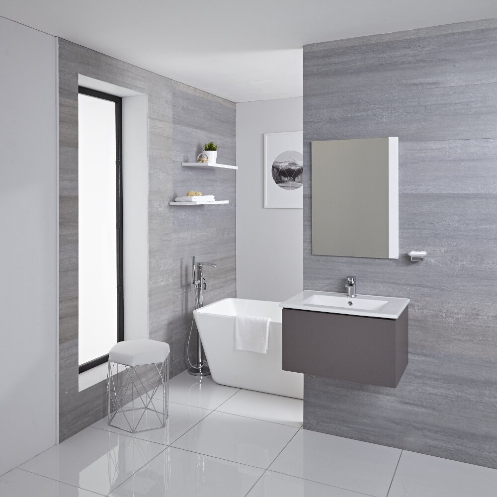 Mobile Bagno Murale 600mm con Lavabo Integrato Colore Grigio Opaco Disponibile con Opzione LED - Newington