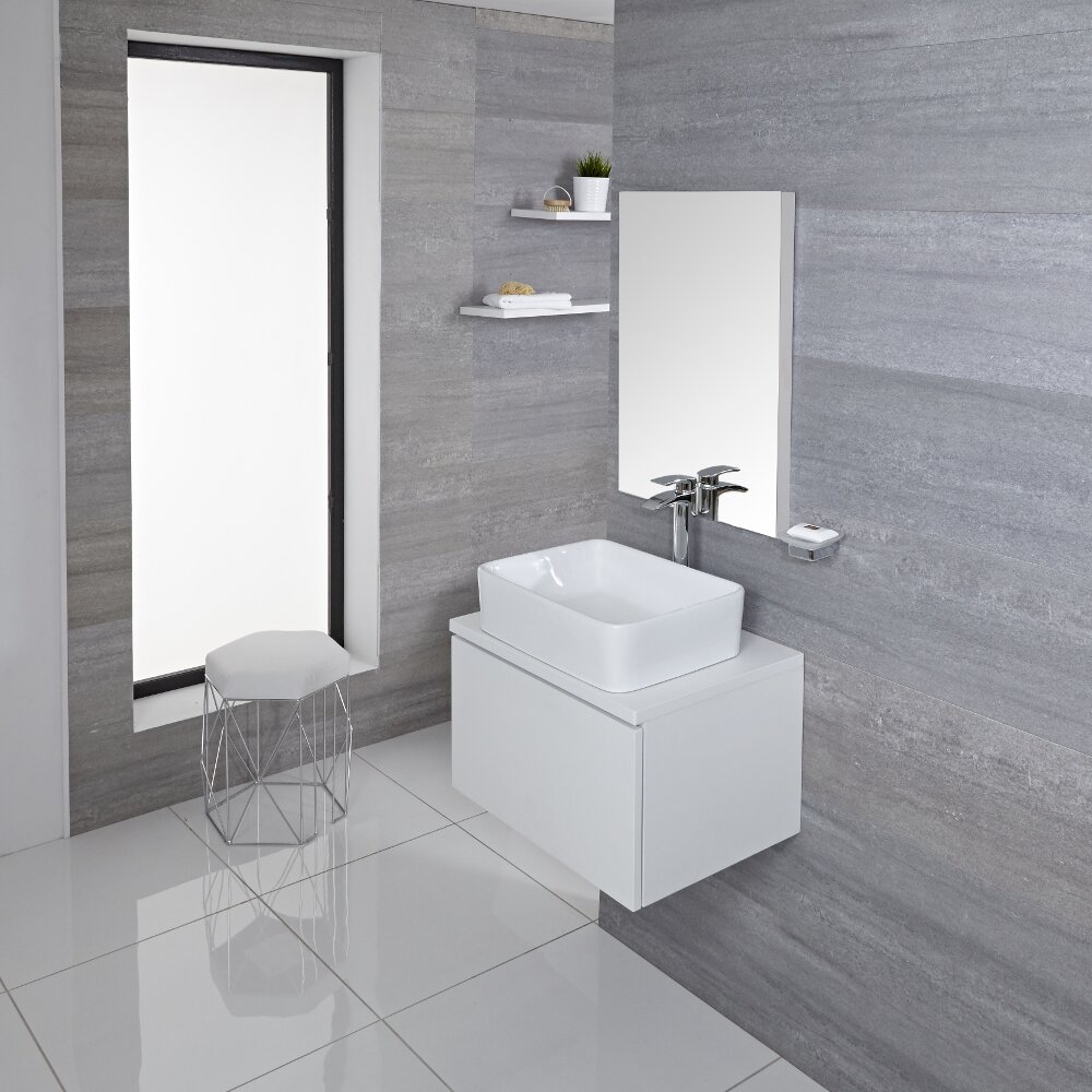 Mobile Bagno 600mm Colore Bianco Opaco con Lavabo da Appoggio Disponibile con Opzione LED - Newington