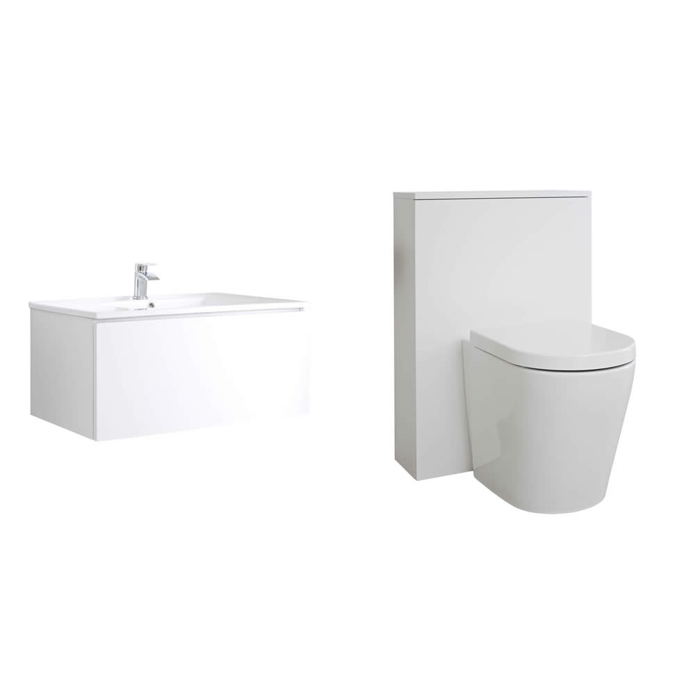 Mobile WC 800mm Colore Bianco Opaco per Stanza da Bagno Completo di Sanitario Sospeso, Cassetta e Lavabo - Newington