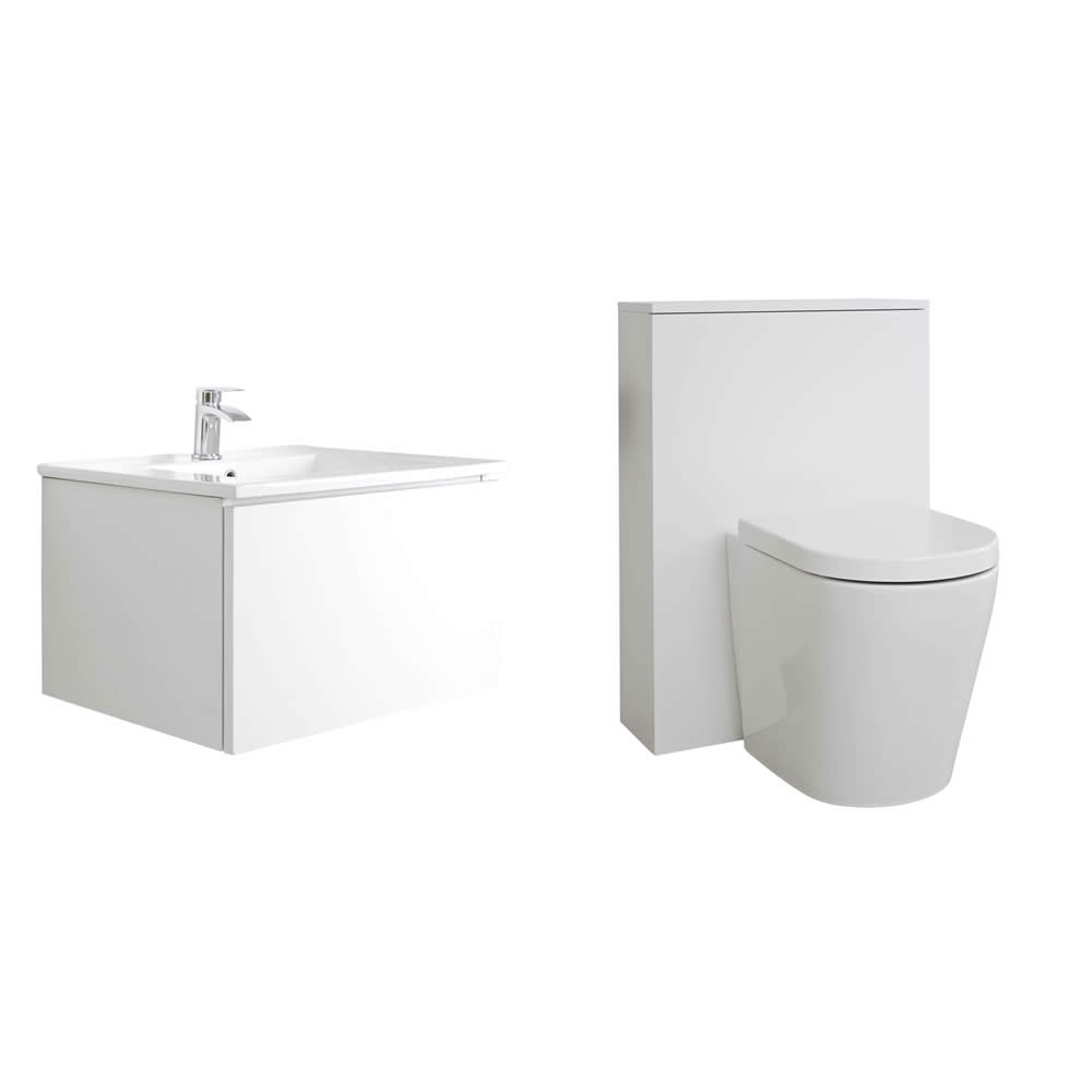 Mobile WC 600mm Colore Bianco Opaco per Stanza da Bagno Completo di Cassetta , Sanitario e Lavabo Disponibile con Opzione LED - Newington