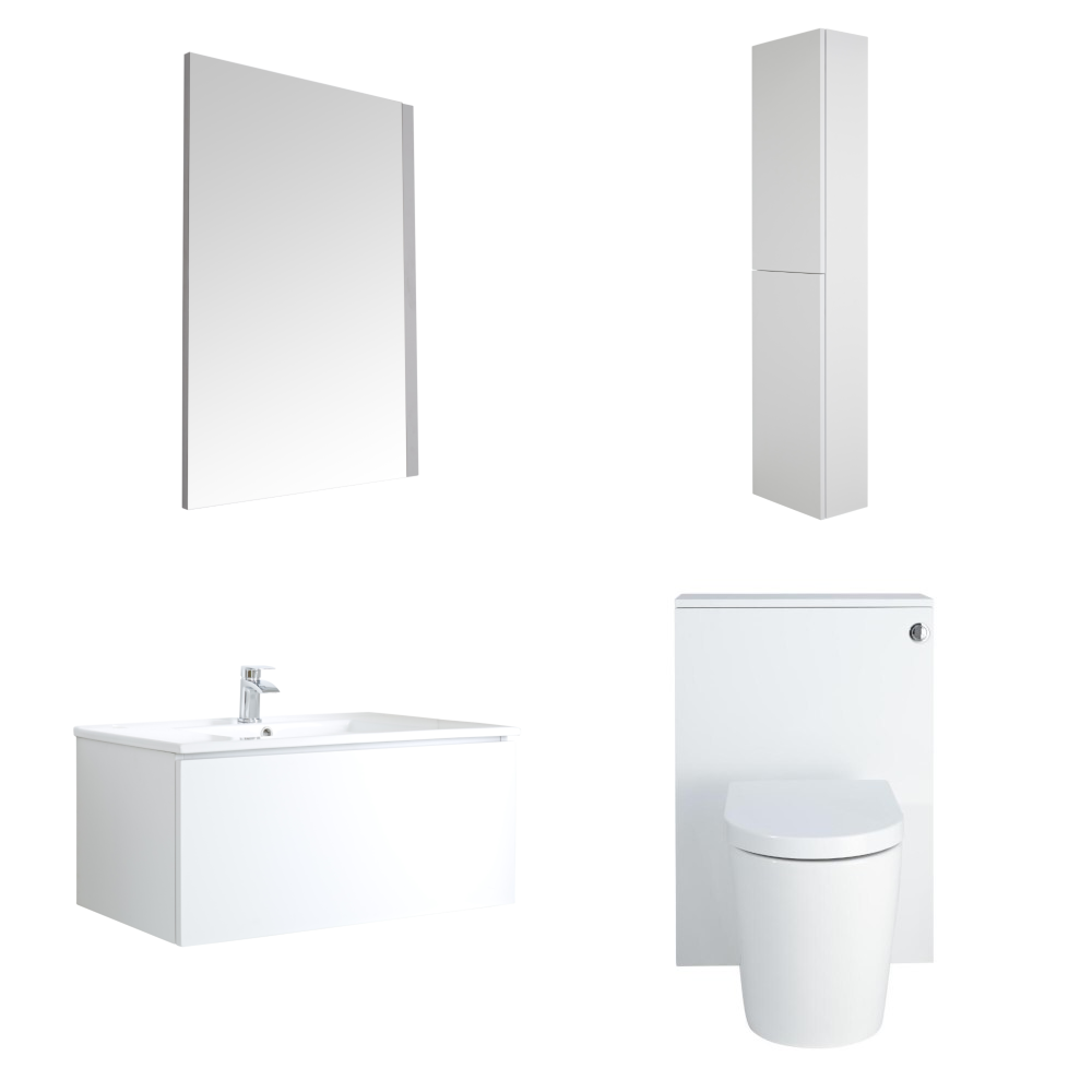 Mobile Bagno 800mm Colore Bianco Opaco Completo di Cassetta , Sanitario, Lavabo, Colonna Bagno Murale e Specchio Disponibile con Opzione LED - Newington