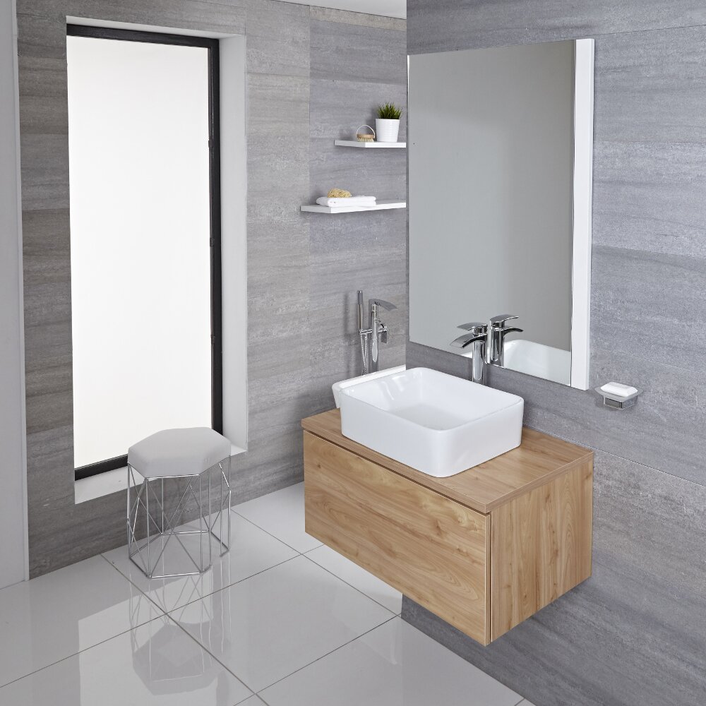 Mobile Bagno Murale 800mm Colore Rovere Dorato con Lavabo da Appoggio Disponibile con Opzione LED - Newington