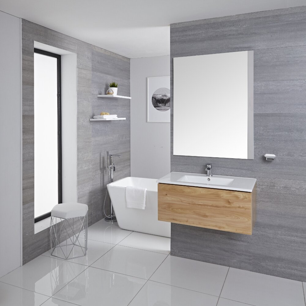 Mobile Bagno Murale 800mm con Lavabo Integrato Colore Rovere Dorato Disponibile con Opzione LED - Newington