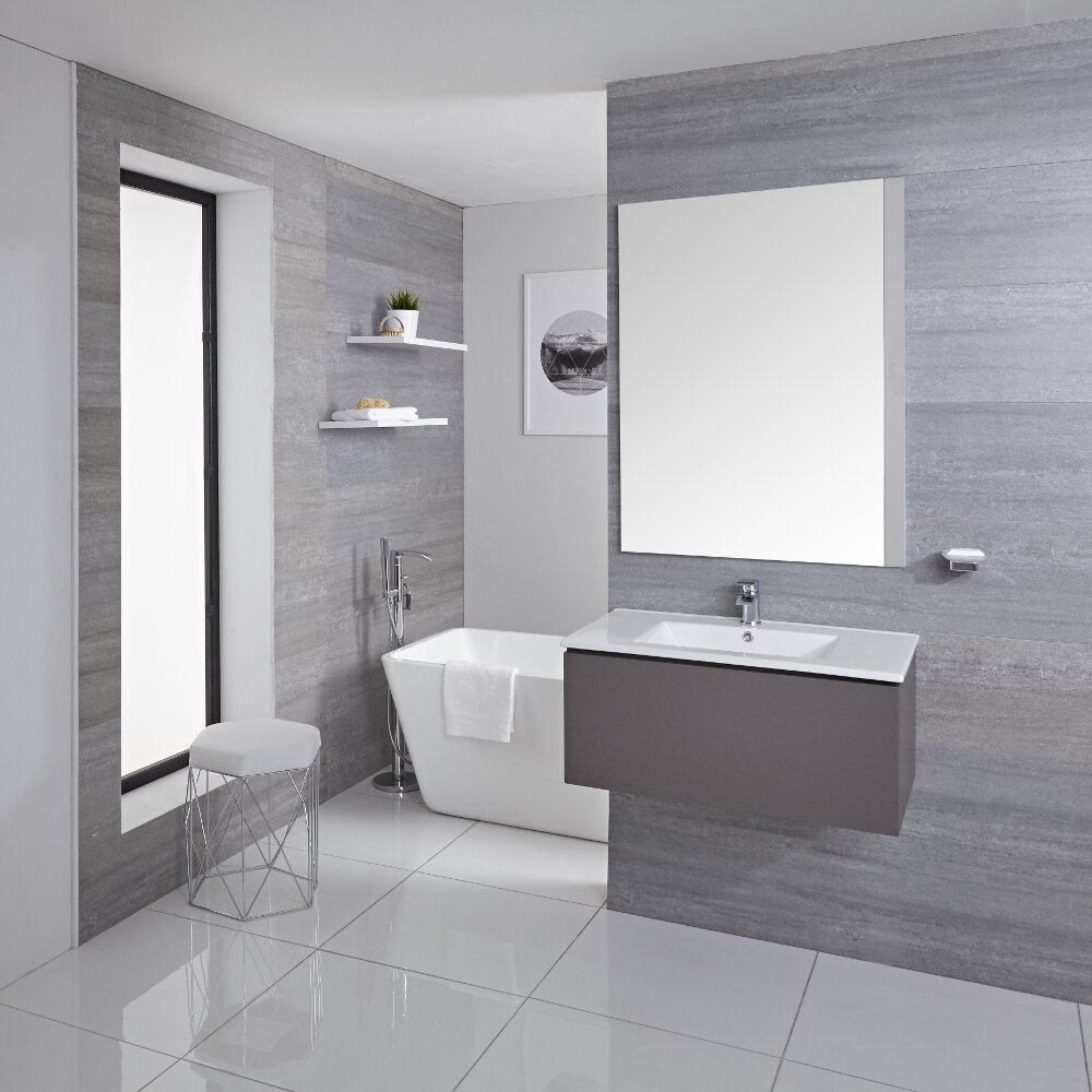 Mobile Bagno Murale 800mm con Lavabo Integrato Colore Grigio Opaco Disponibile con Opzione LED - Newington