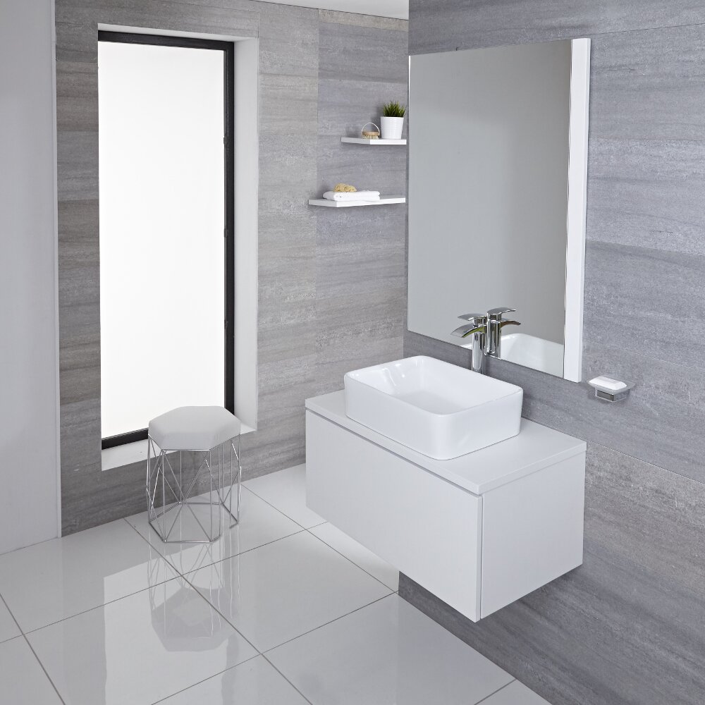 Mobile Bagno Murale 800mm Colore Bianco Opaco con Lavabo da Appoggio Disponibile con Opzione LED - Newington