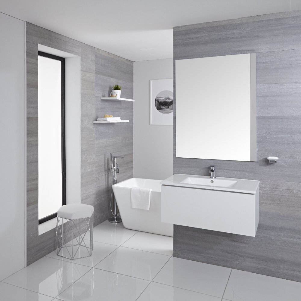 Mobile Bagno Murale 800mm con Lavabo Integrato Colore Bianco Opaco Disponibile con Opzione LED - Newington