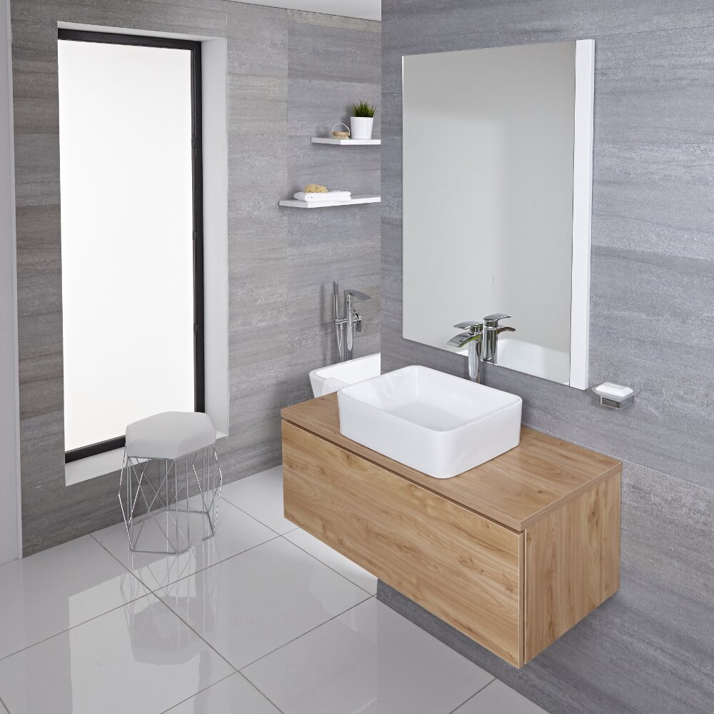 Mobile Bagno Murale 1000mm Colore Rovere Dorato con Lavabo da Appoggio Disponibile con Opzione LED - Newington