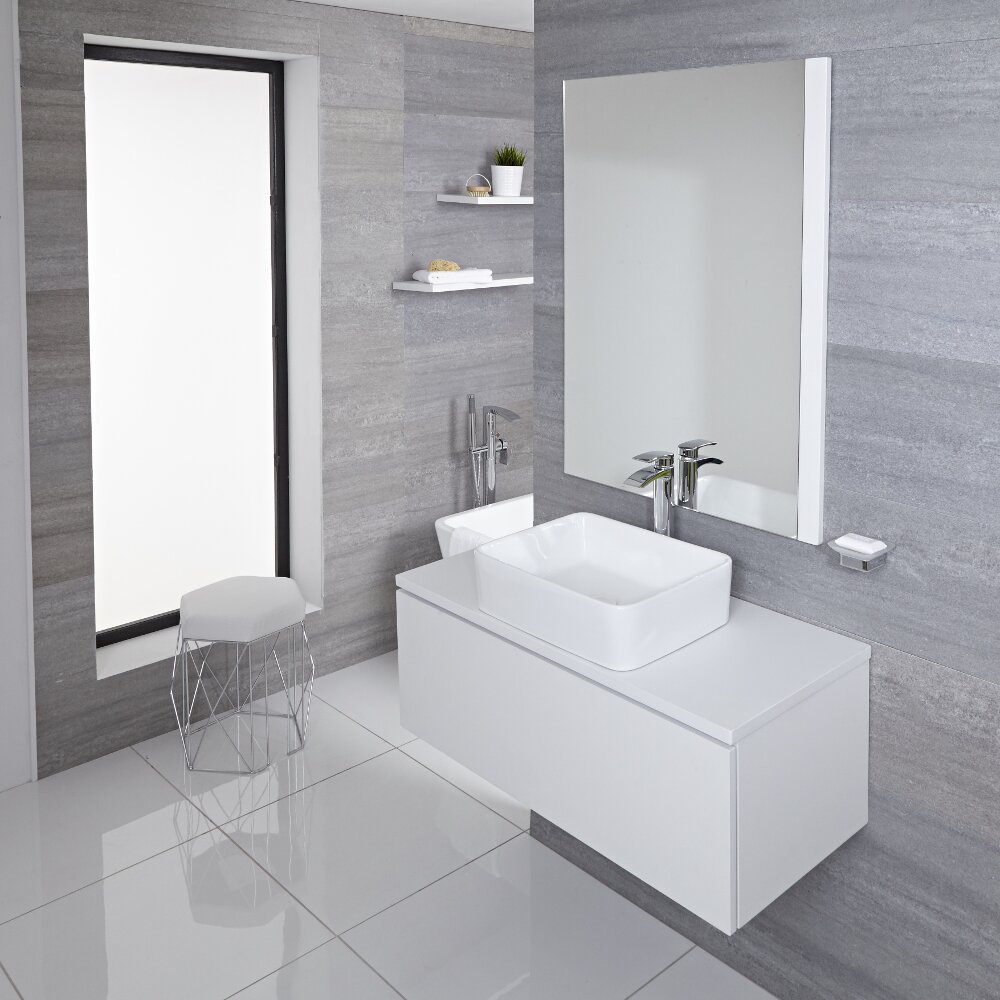 Mobile Bagno Murale 1000mm Colore Bianco Opaco con Lavabo da Appoggio Disponibile con Opzione LED - Newington
