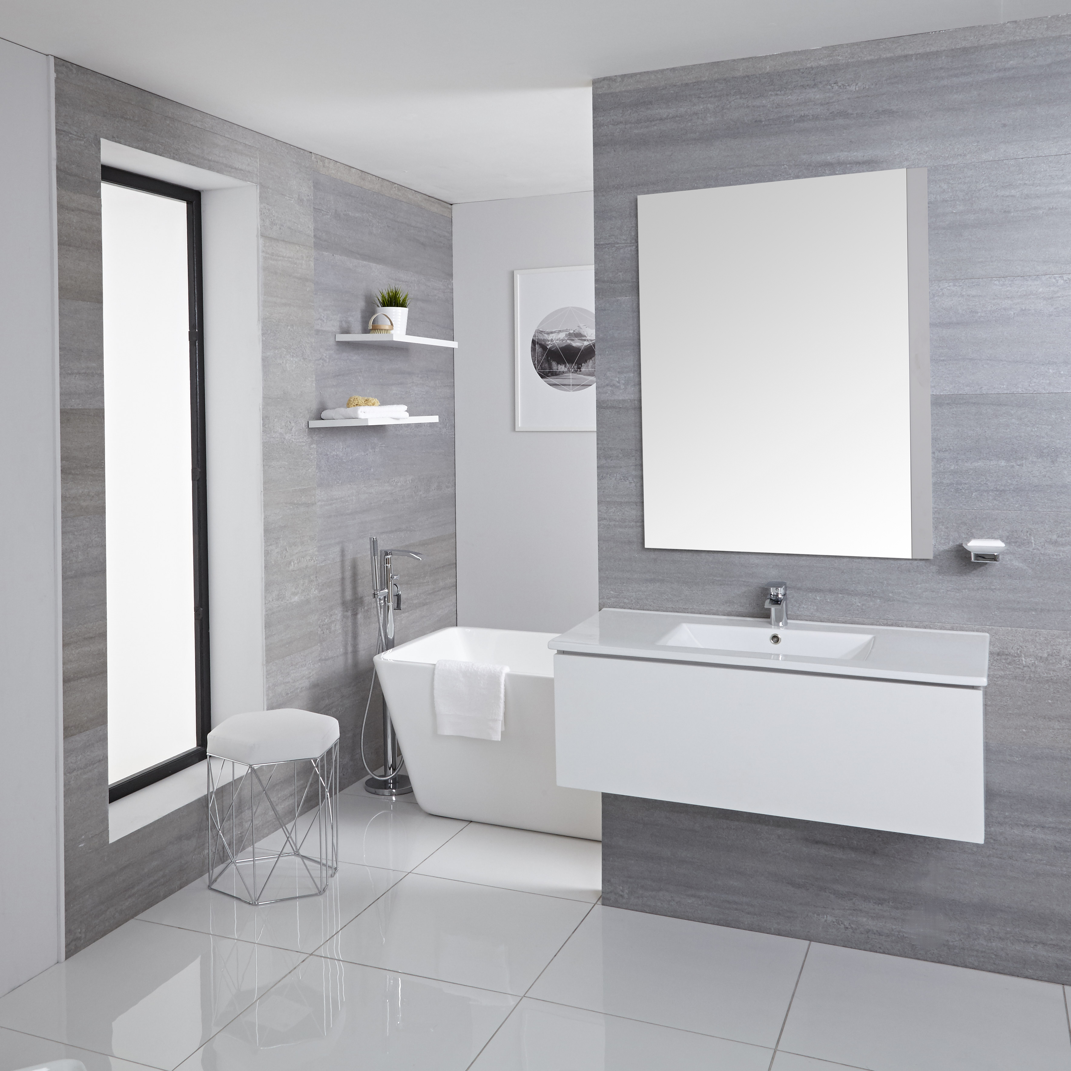 Mobile Bagno Murale 1000mm con Lavabo Integrato Colore Bianco Opaco Disponibile con Opzione LED- Newington