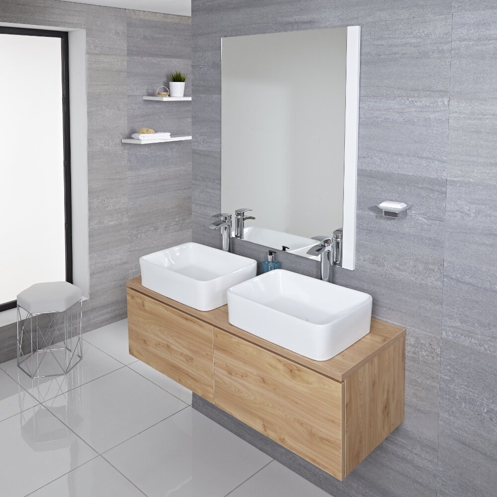 Mobile Bagno Murale 1200mm Colore Rovere Dorato con Lavabo da Appoggio Doppio Disponibile con Opzione LED - Newington