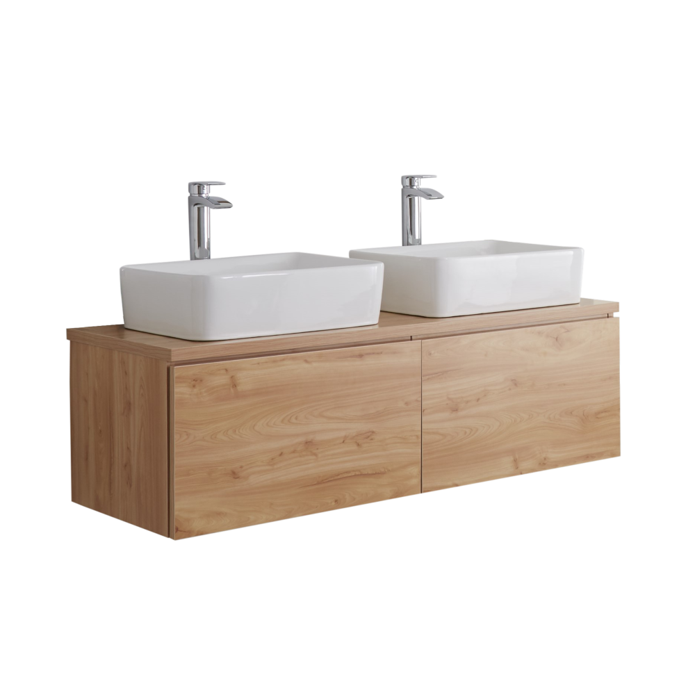Mobile Bagno Murale 1200mm Colore Rovere Dorato con Lavabo da Appoggio Doppio - Newington