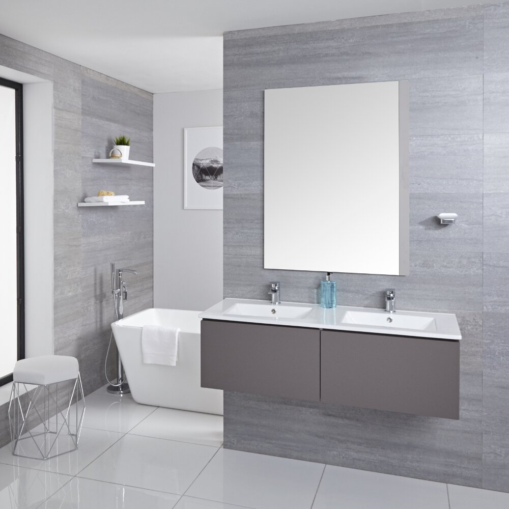 Mobile Bagno Murale 1200mm con 2 Lavabi Integrati Colore Grigio Opaco Disponibile con Opzione LED - Newington