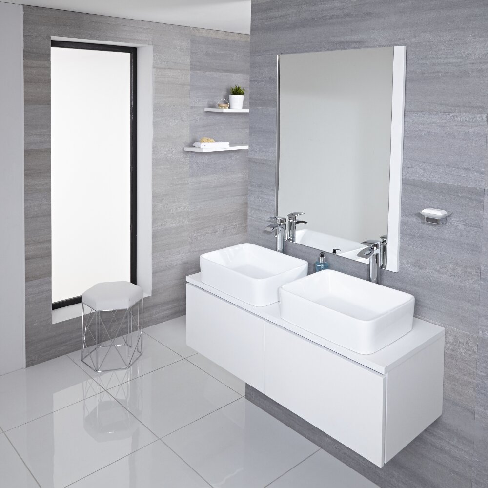Mobile Bagno Murale 1200mm Colore Bianco Opaco con Lavabo da Appoggio Doppio Disponibile con Opzione LED - Newington