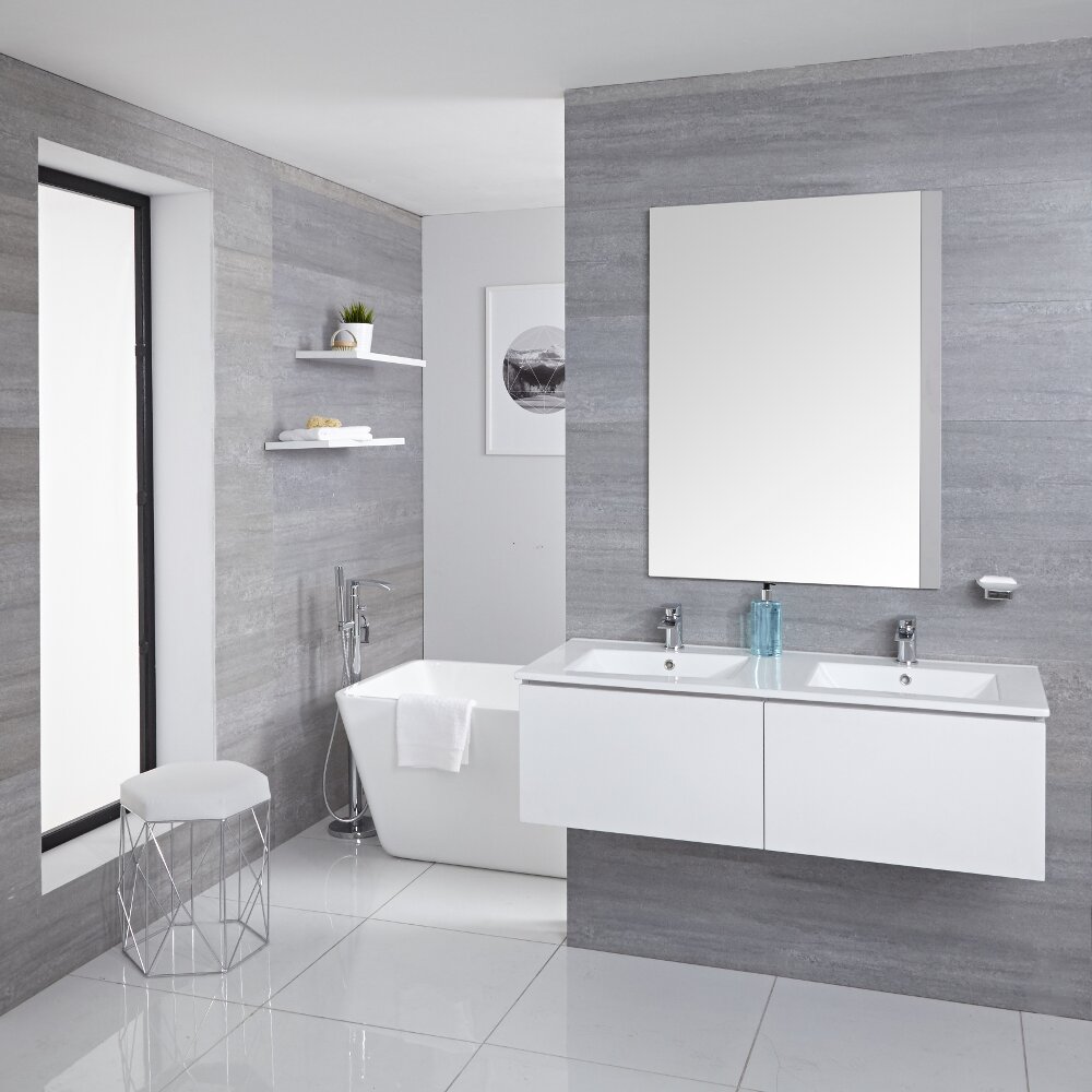 Mobile Bagno Murale 1200mm con 2 Lavabi Integrati Colore Bianco Opaco Disponibile con Opzione LED - Newington