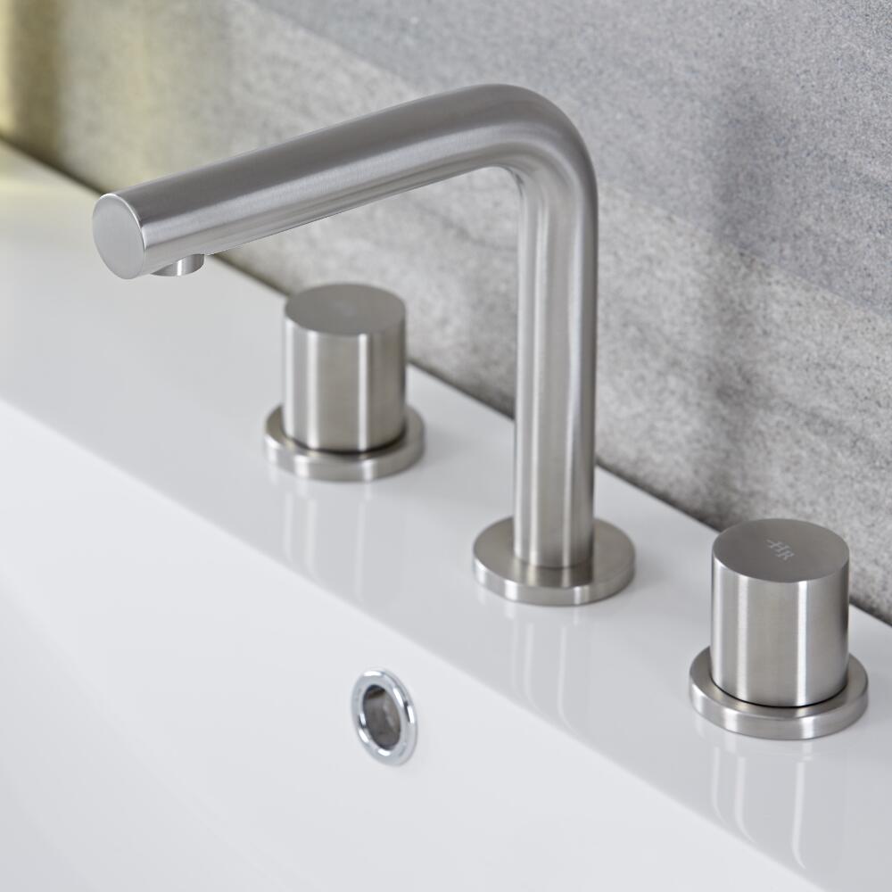 Batteria Sopra Lavabo a 3 Fori Acciaio Inox Spazzolato con Manopole in Acciaio Inox - Bomere