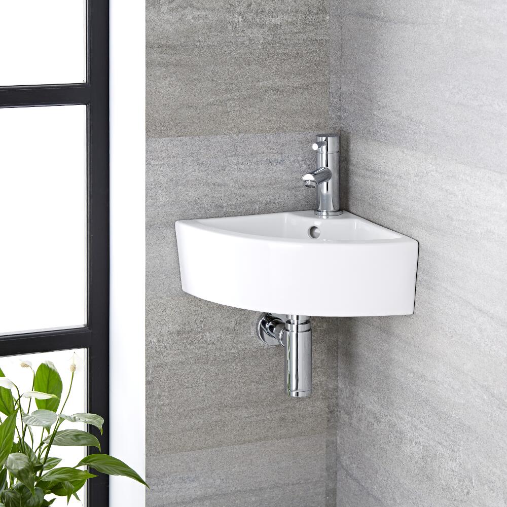 Lavabo Bagno da Appoggio Sospeso in Ceramica Angolare 460x320mm con Rubinetto Monoforo - Belstone
