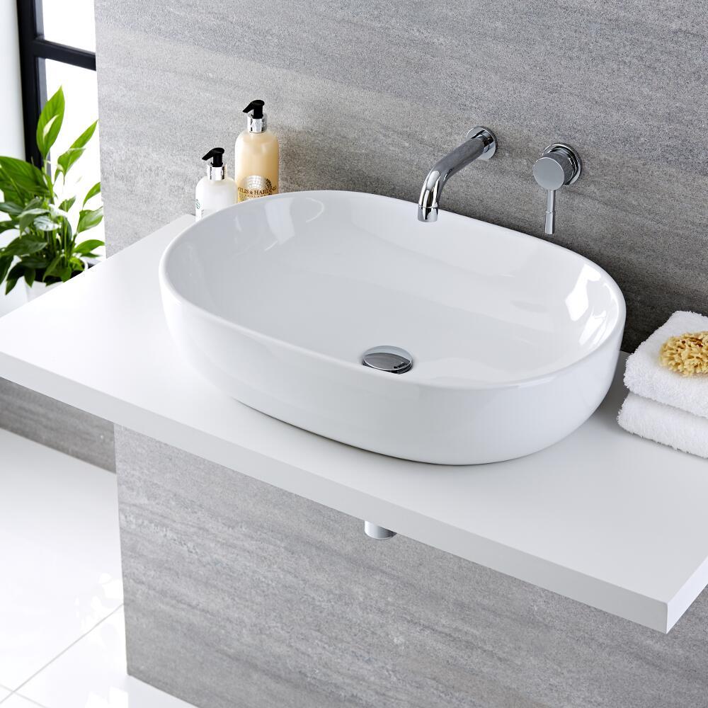 Lavabo Bagno da Appoggio Ovale 590x410mm in Ceramica con Rubinetto Miscelatore per Lavabo- Otterton