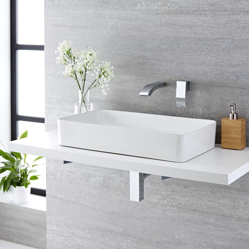 Lavabo Bagno da Appoggio Rettangolare in Ceramica 640x350mm con Rubinetto Miscelatore per Lavabo - Alswear