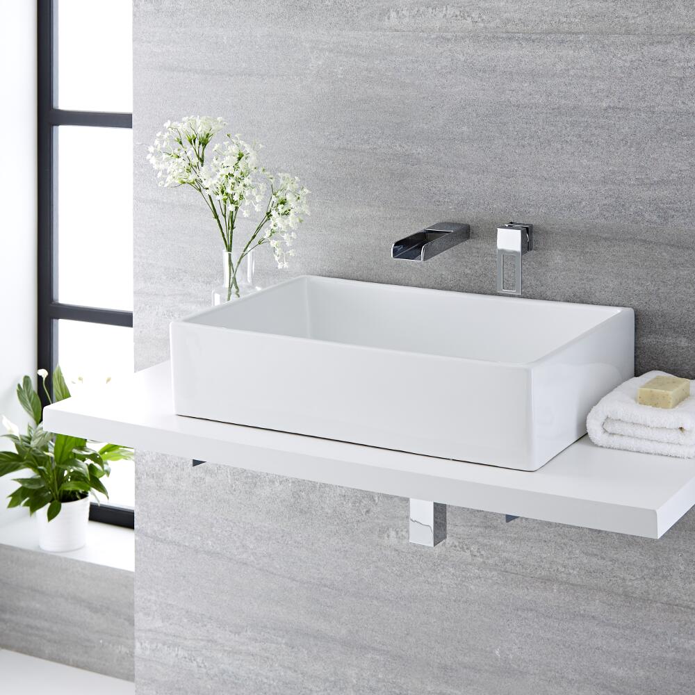 Lavabo Bagno da Appoggio Quadrato in Ceramica 360x360mm con Rubinetto a Cascata - Haldon